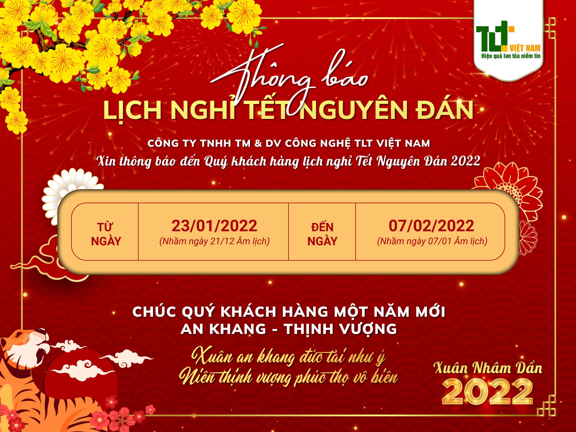 THÔNG BÁO LỊCH NGHỈ TẾT NGUYÊN ĐÁN 2022 CỦA CÔNG TY TLT VIỆT NAM