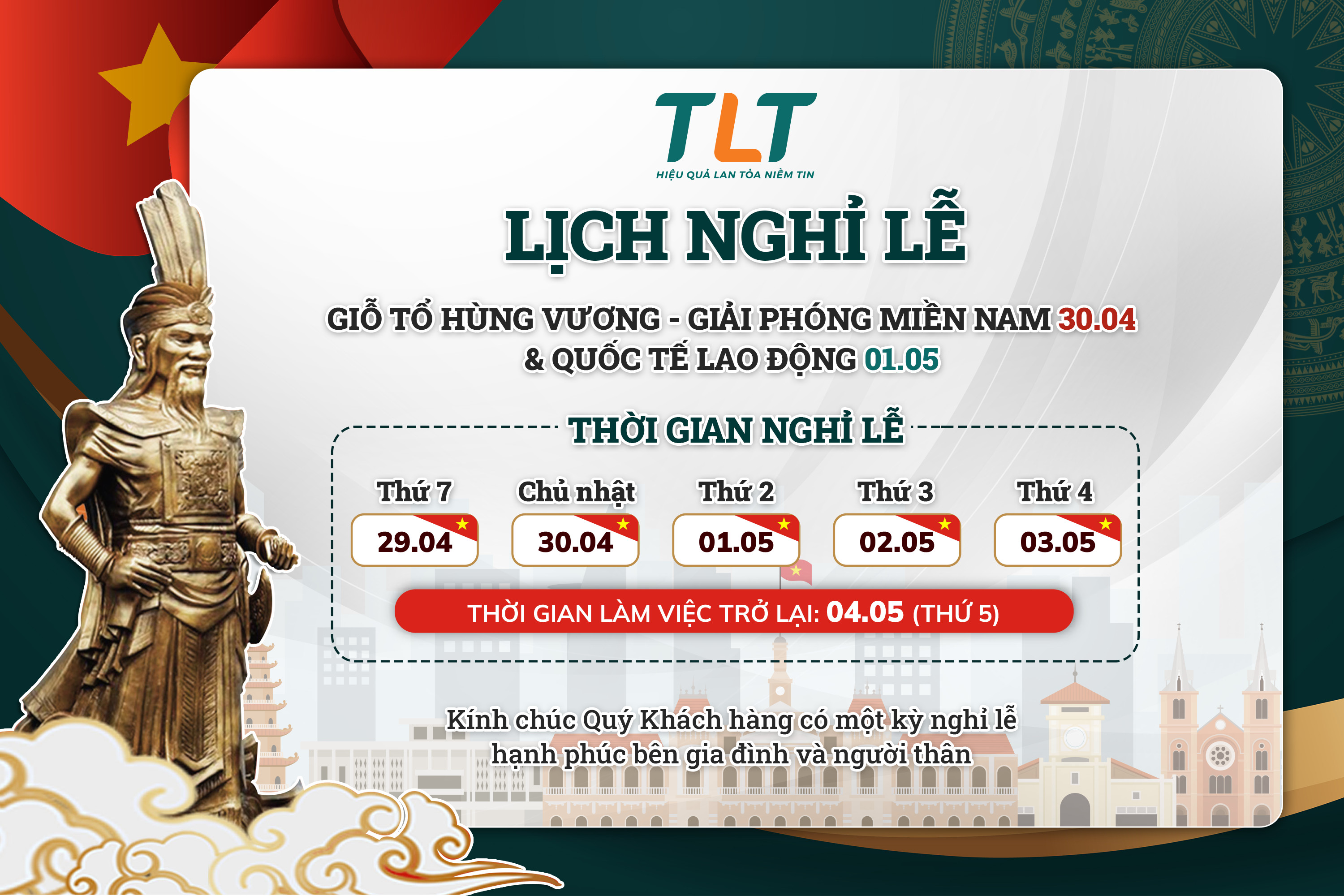 TLT XIN THÔNG BÁO LỊCH NGHỈ 30/4 - 1/5